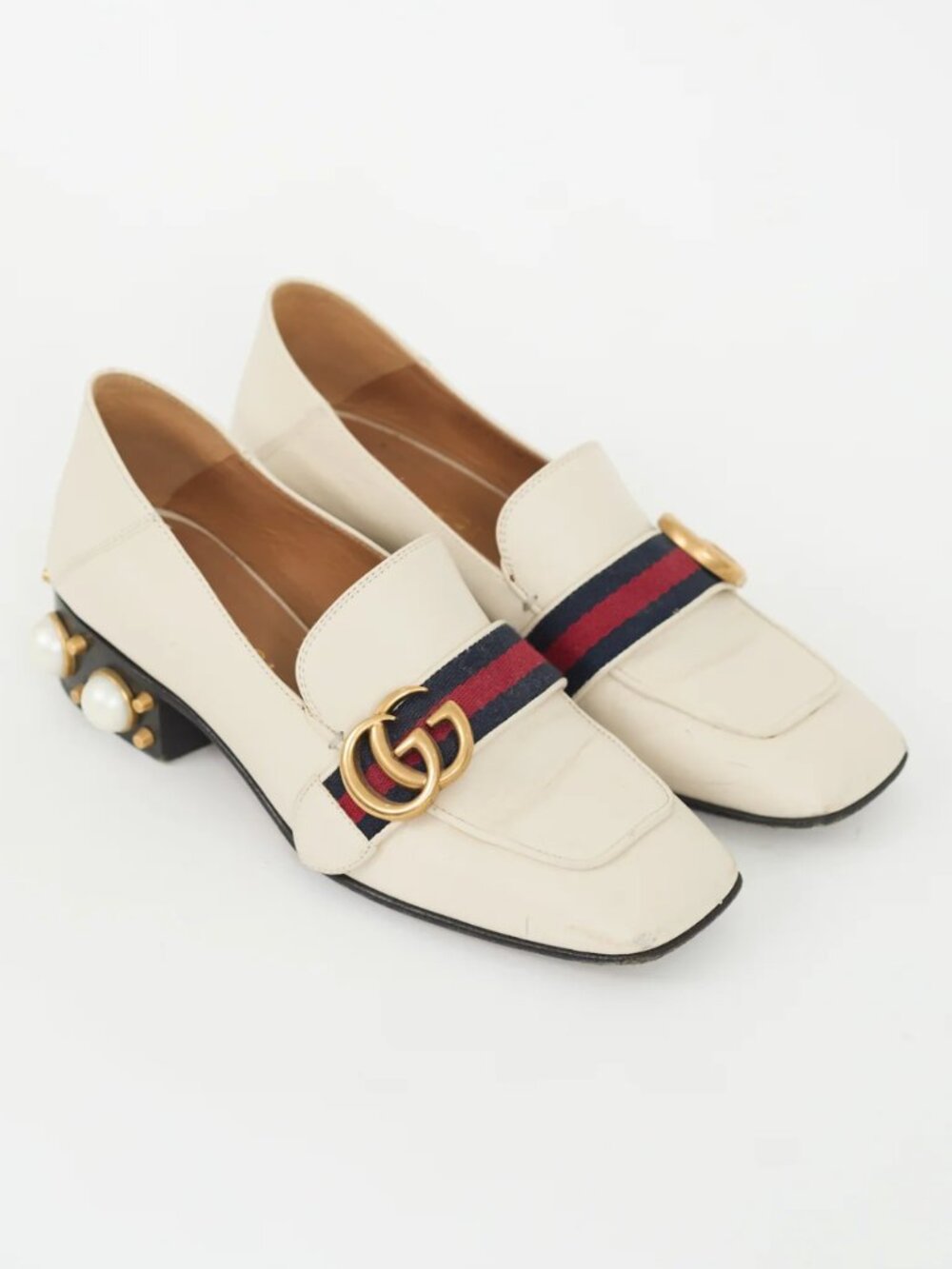 Gucci Cream Leather & Pearl Peyton Loafer Size 37.5